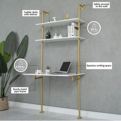 White and Gold Desk, 36" Ladder Desk, Wall Mount Computer Writing Table Pipe Shelf Shelving Mini Narrow Industrial Modern for Small Spaces(36x20x81)