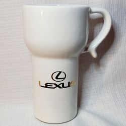 Lexus Logo Travel Mug w/Locking Lid & Handle White & Gold Ceramic 6.25" Tall USA