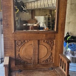 Antique Wood Hall Tree with Mirror & Storage Bench H82"xW45"xD16