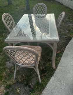 Vintage Rattan Table Set With 4 Chairs & Glass Top
