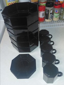 15 Piece Vintage Arcoroc Octime Black Glass Espresso Set