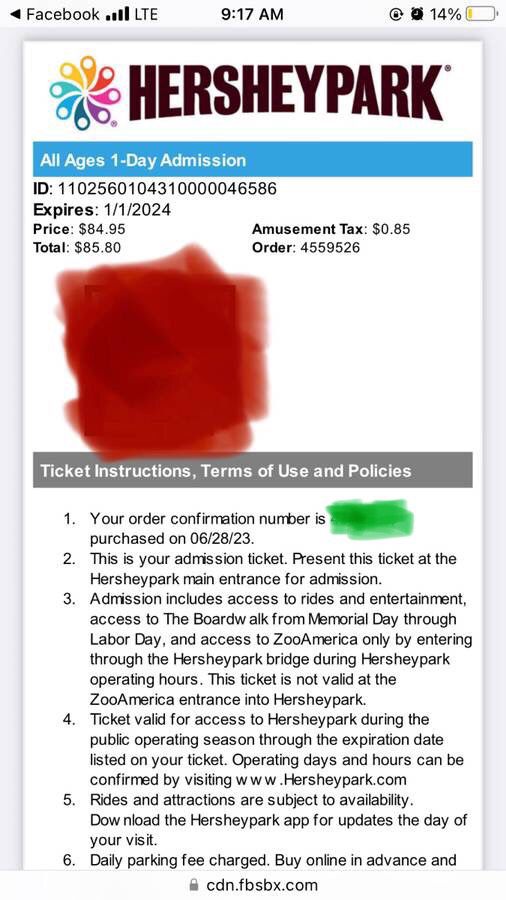 4 Hershey Park Tickets + Parking 