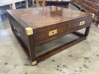Large Square Wooden Campaign Style Coffee Table with Brass Corner Brackets