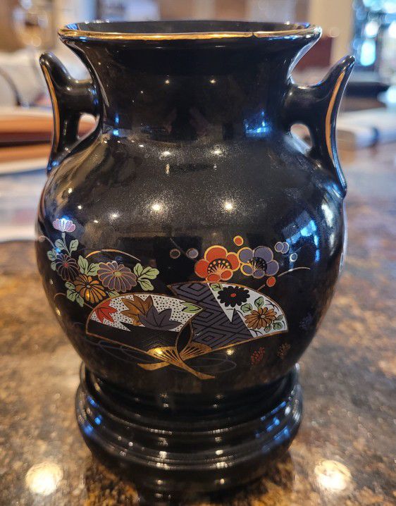 Small Black Ceramic Oriental Style Vase On Wood Stand