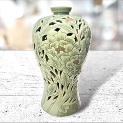 Crackled Korean Celadon 8.5" Vase, Inspiring Openwork Sculpted Floral Design