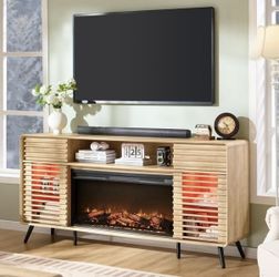 70" Fireplace TV Stand for TVs up to 80" , Entertainment Center with 36" Electric Fireplace, Natural Oak