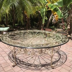 Vintage Oval Rustic Painted Wrought Iron Glass Coffee Table Late 