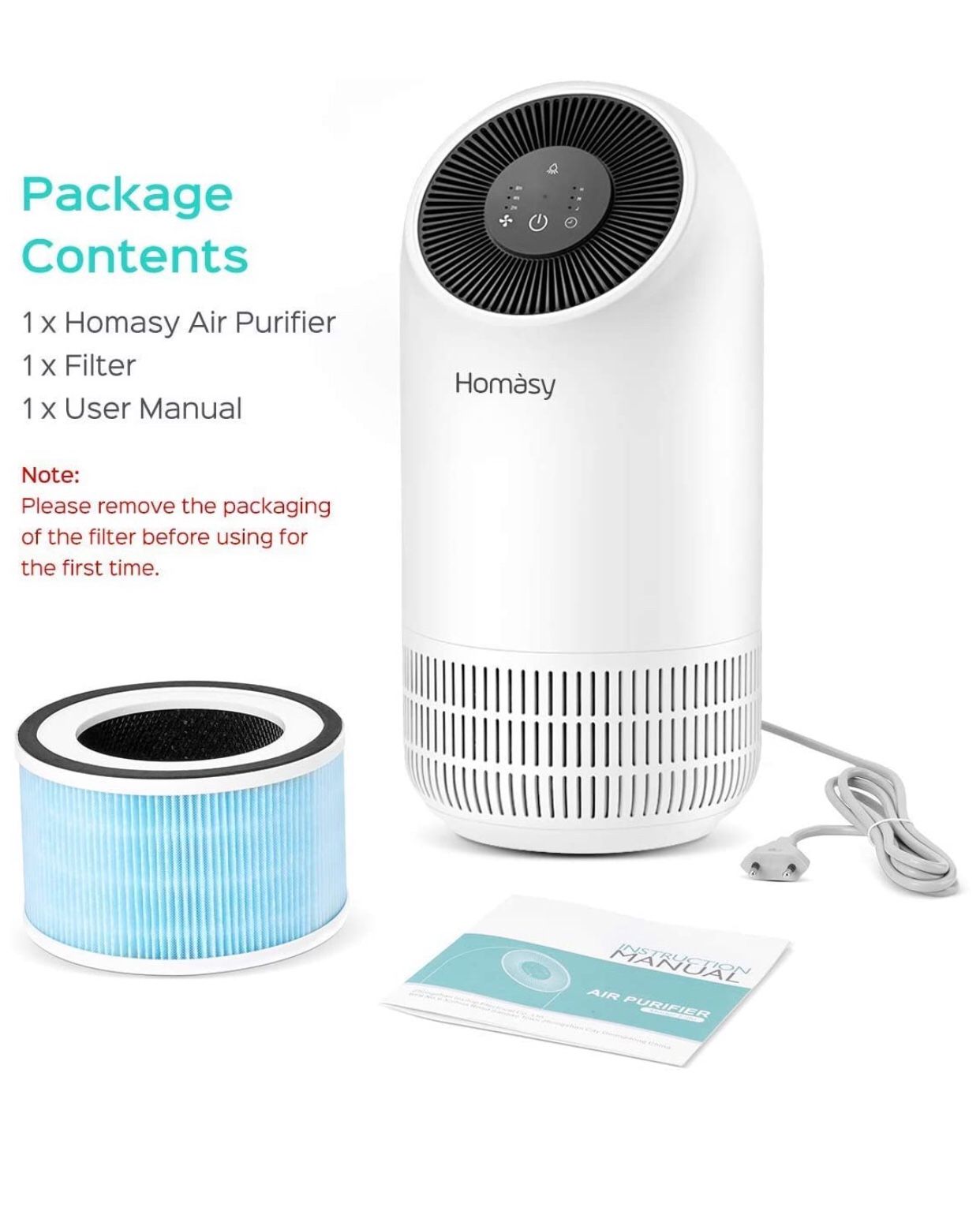 Homasy Air Purifier AP-HM434 with True HEPA & Activated Carbon Filter for Traps Smoke, Odors, Dust, Pet Dander, 3-Speeds Air Cleaner with Optional Ni