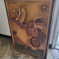 Native American Indian Warrior with Eagle Wood Carved Frame Art