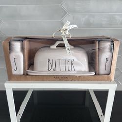 Rae Dunn Artisan Collection Butter Dish With Salt & Pepper Shakers set New in package unused / unopened box