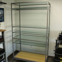 Multimedia Glass Display Shelving Unit Assembled 7-Shelf Storage Center with Wheels