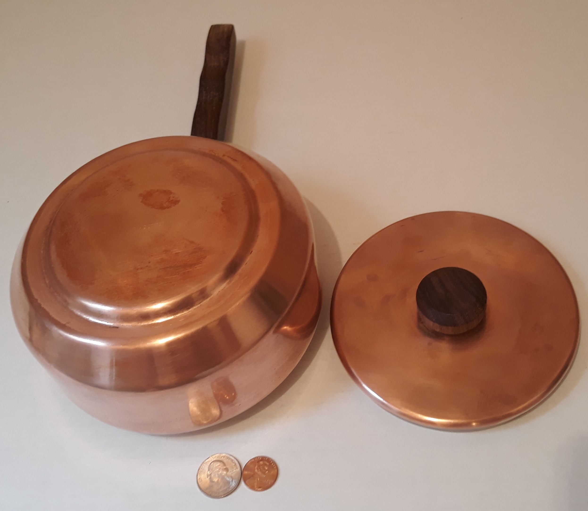 Vintage Metal Copper and Wood Handle Cooking Pot, Made in Japan, Quality Metal Copper Pot, 12 1/2" Long and 6" x 4" Pot Size, Kitchen Decor, Table