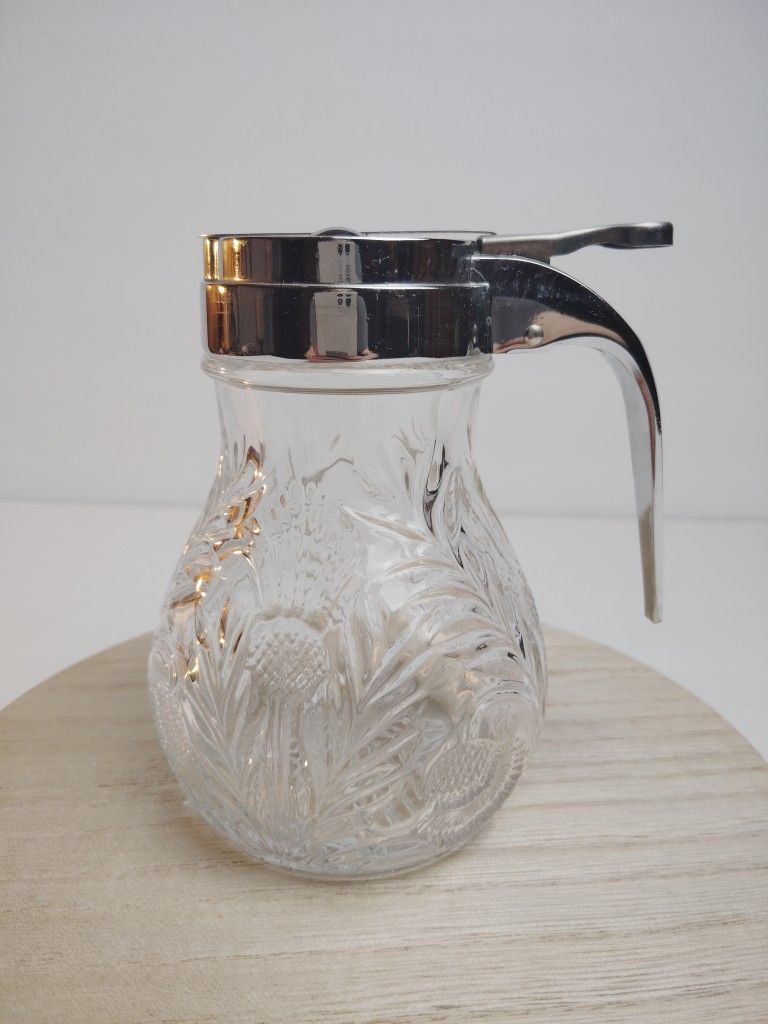Crystal Cut Floral Leaf Pattern Glass Syrup Dispenser/ Pitcher with Lid ~ Vintage