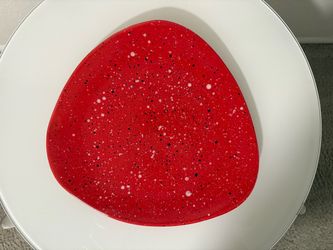 Unique Shape Ceramic Plate Red with White Black Specs