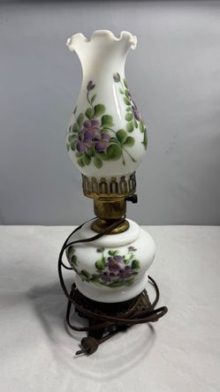 Vintage White Porcelain Table Lamp with Purple Floral Glass Shade