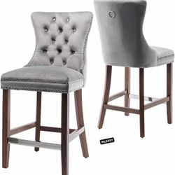 Counter Height Bar Stools Set of 2, 27" Wingback Velvet Bar Stools with Button Back and Nailhead Trim, Upholstered Bar Chairs with Wooden Legs ,Bright