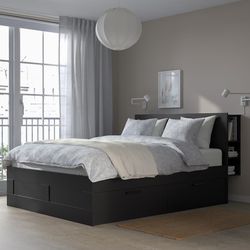 Bed frame with storage & headboard, black/Luröy, Eull