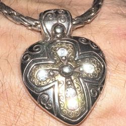 Gold Cross Inside Silver Heart With 5 Moissanites  Pendant Necklace 