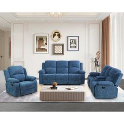 Blue Linen Reclining Sofa Set
