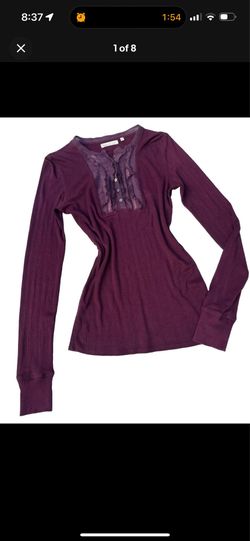 Y2K Martin+Osa Women’s Purple Solid Ribbed Knit Ruffle Henley Button Top, Size M