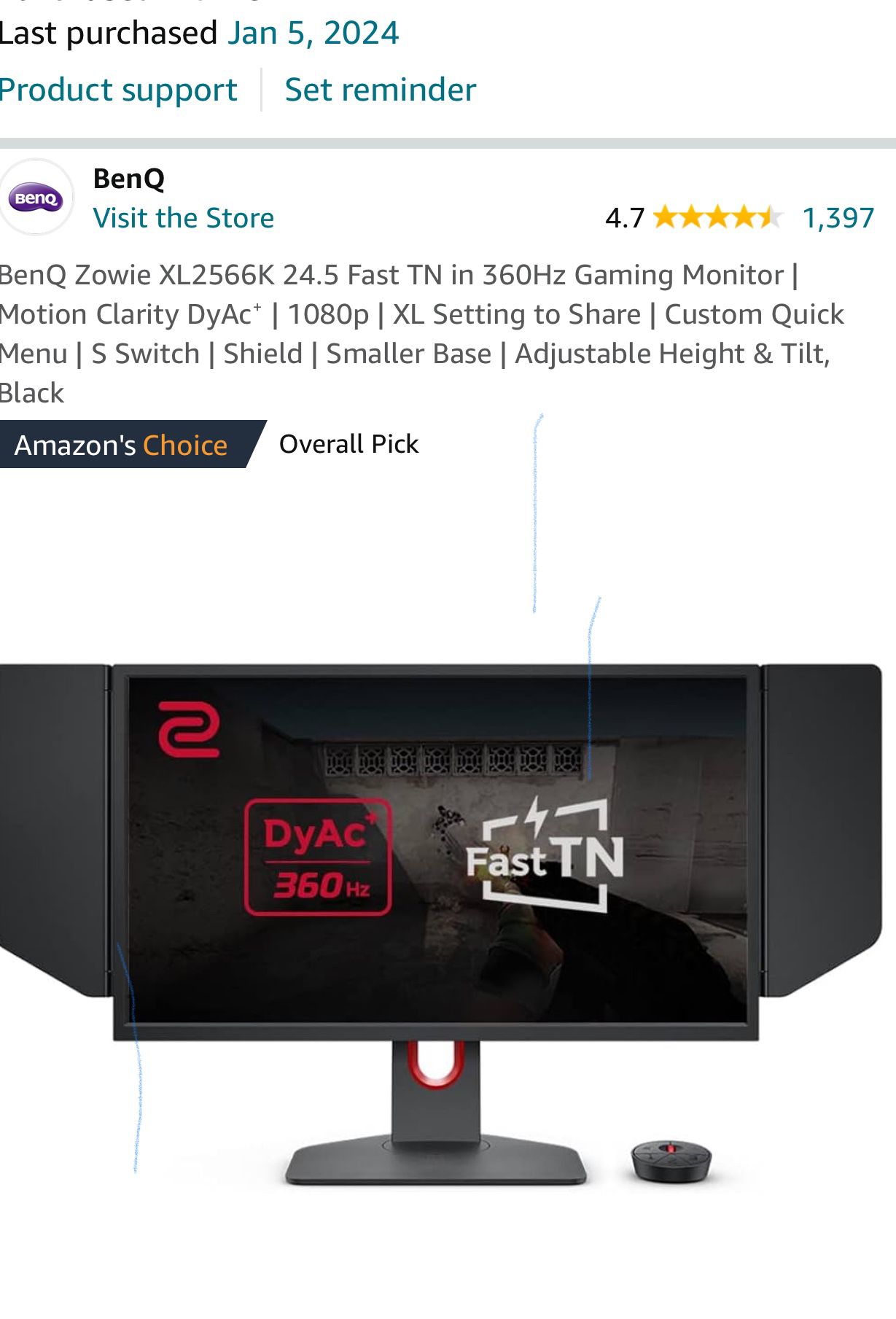 BenQ Zowie XL2566K 24.5 Fast TN in 360Hz Gaming Monitor | Motion Clarity DyAc⁺ | 1080p | XL Setting to Share | Custom Quick Menu | S Switch | Shield |