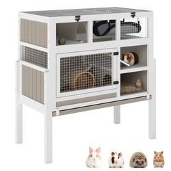 3-Story Wooden Guinea Pig Cage Rabbit Hutch with Stand & Hammock