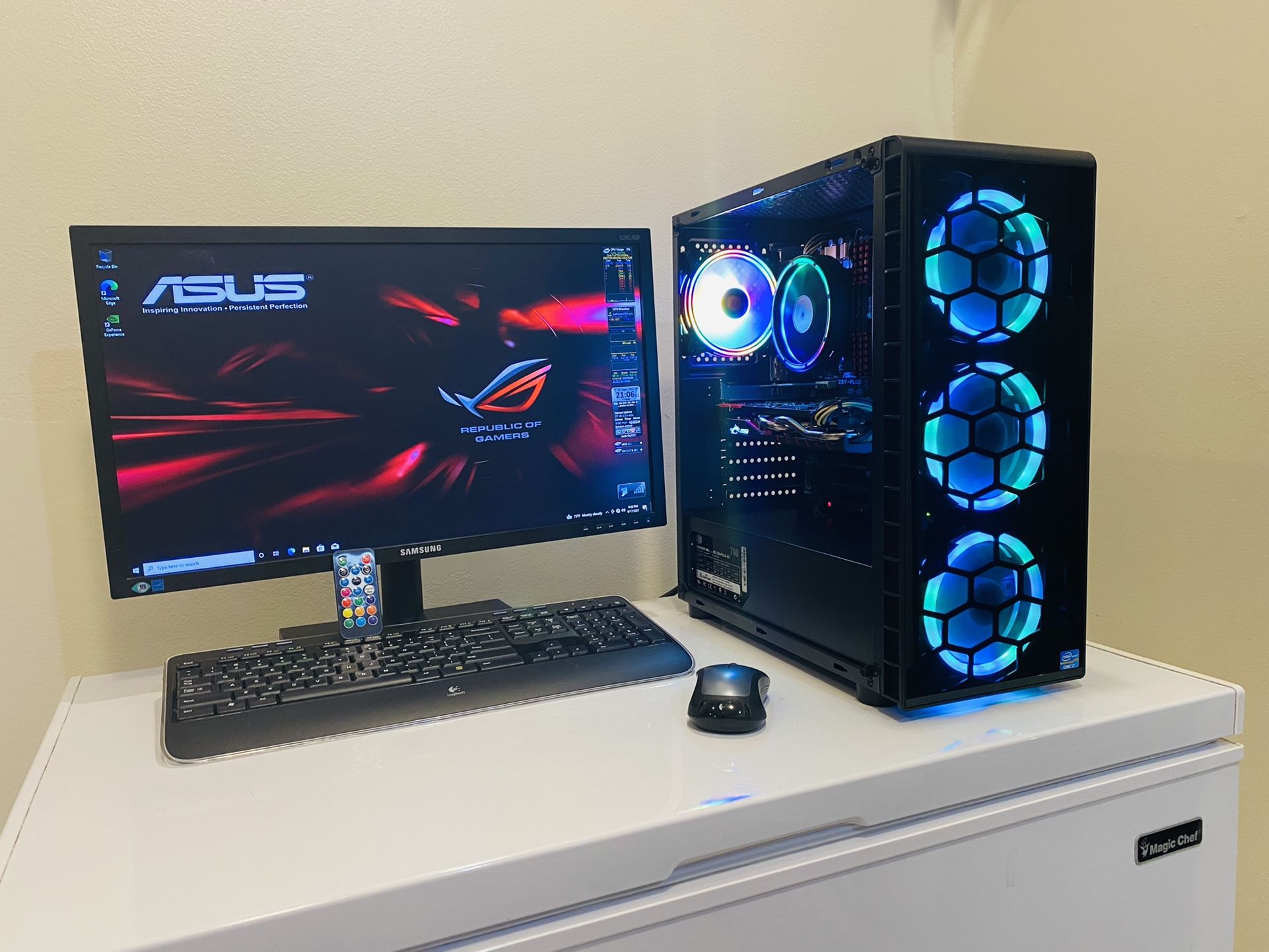 NEW ASUS Gaming PC. 8 Core I7K @3,5GHz. GPU NVidia GTX 970 4G. 256G  MSata SSD/2T HDD, 12GB DDR3, USB3, WIFI.  700W  PSU, 24” Monit/Key/Mou, Win10 PRO