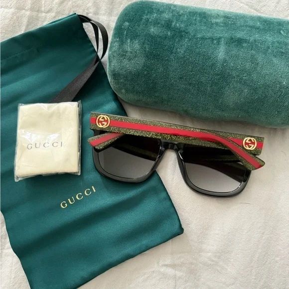 GG0034SN GG Green Red Stripe Black Cat Eye Sunglasses