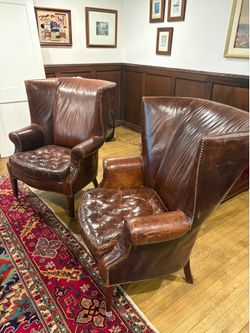 2 matching Restoration Hardware leather chairs + ottoman