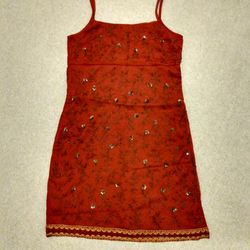 VINTAGE EXPRESS LADIES RUBY RED SILK BEAD & METALLIC SEQUIN SUMMER PARTY & DANCE DRESS SIZE 9