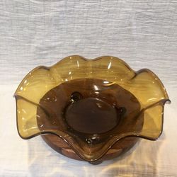 Vintage Hand Blown Amber Ruffled Art Glass Bowl Centerpiece Dish Mid Century Modern Boho Autumn Fall Home Decor