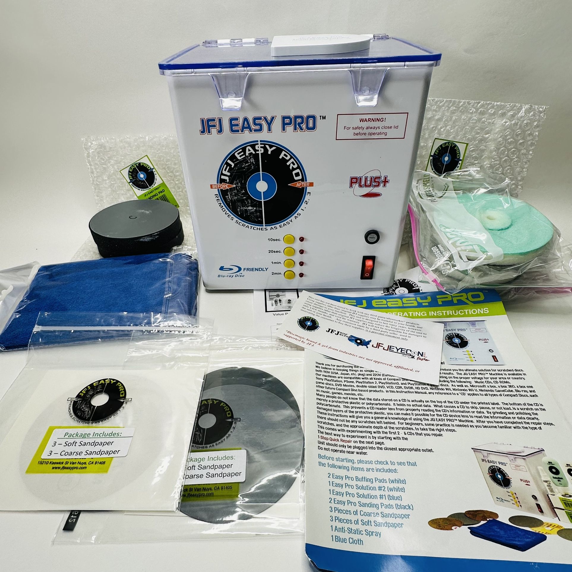 JFJ Easy Pro PLUS + CD/ DVD/ Video Game Disc Repair Machine CLEAN Extra Pads