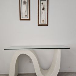 Vintage Postmodern Sculptural Plaster Console Table – Glass Top