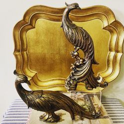Vintage 1970s Antiqued Bronze and Gold Finish Heavy Resin Pheasant Figures by Syroco - Pair