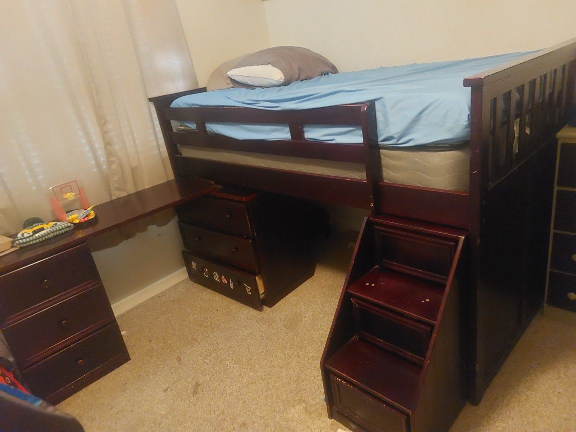 Twin Loft Bed With Pull Out & Hideaway Desk
