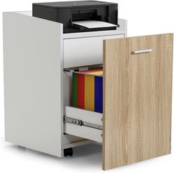 Cabinet, Wood Rolling Printer Stand on Wheels with 2 Drawers & Door, Under Desk Drawer for Hanging Letter Size File Holders, File Cabinets for Home Of