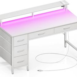 N93-Computer Desk with Power Outlets & LED Light, 47 inch Home Office Desk with 5 Drawers, Writing Desk with Monitor Stand, Work Desk for Home Office,