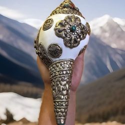 Stunning & Vintage Hand Carved With Auspicious Symbol Tibetan Shell Conch,Blow Horn,Trumpet For Positive Energy 10”in & 2lbs
