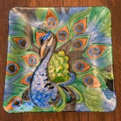 Amazing Vintage Pier 1 Imports Peacock Square Platter, Blues, Teals, Coppers