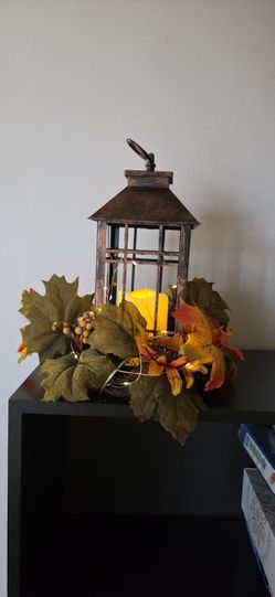 Decorative Lantern with Fall Wreath and LED Candle