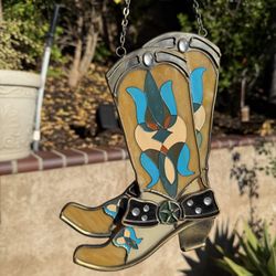 10” Cowboy Boots Hanging Stained Glass Painted Glass Cowgirl Boots - Western Home Decor