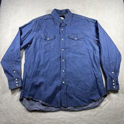 Vintage Wrangler Shirt Men’s 2XL Blue Denim Long Sleeve Pearl Snap Western #1607
