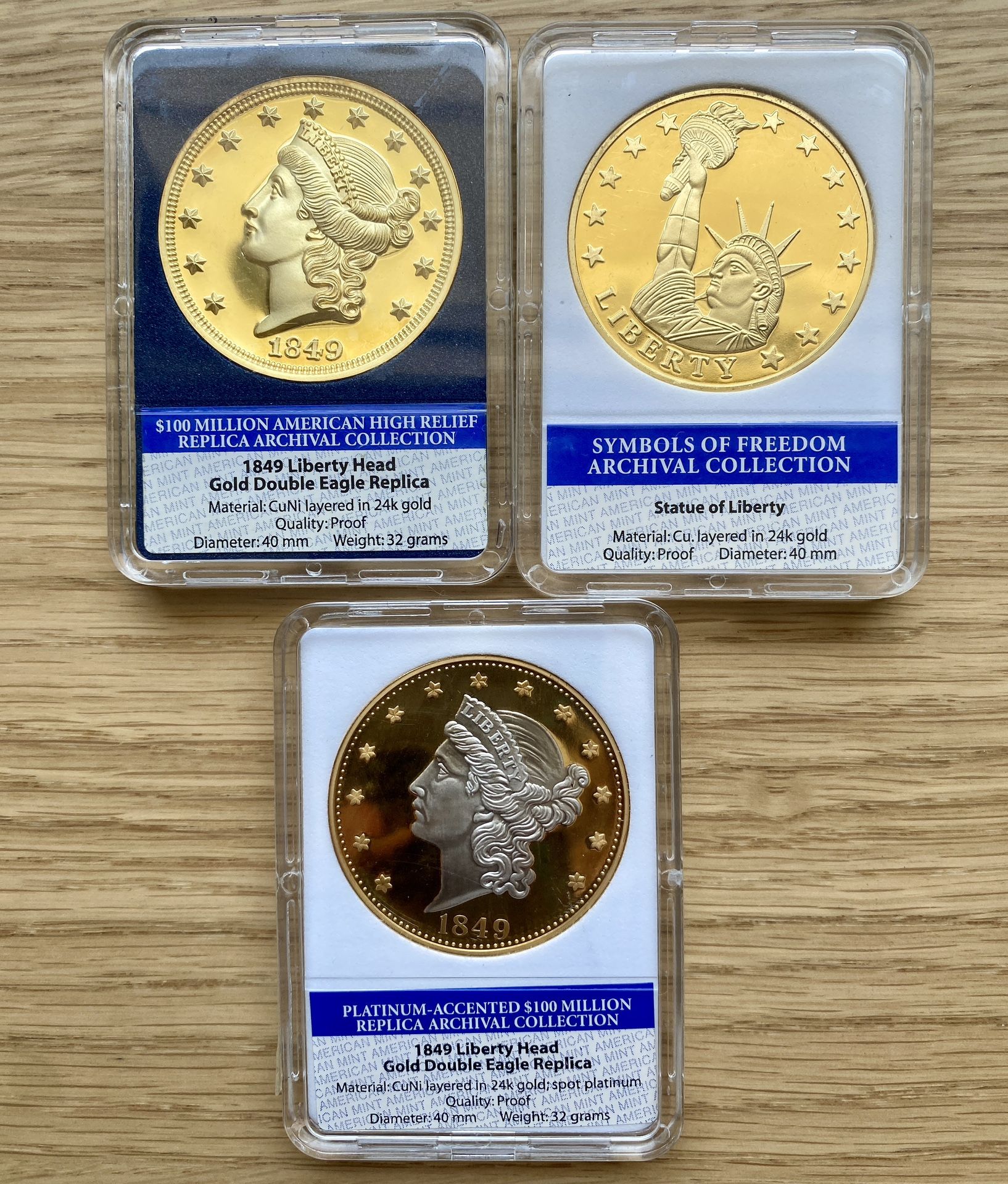 3-Coin Replica Set β 1849 Liberty Head & Statue of Liberty β Layered in 24K Gold