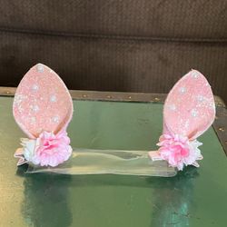 Cute Pink Animal Ears Hair Clips with pink/white flowers glitter & pearls. Sweet Lolita Hair Pins Barettes Clip 