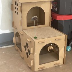 Furhaven Multi-Level Cardboard Cat House, Ft. Scratching Pads & Toys - Farmhouse Corrugated Cat Scratcher Hideout