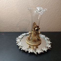 STUNNING Ormulu Ornate Filigree Cherub Brass Holder with 7" Clear Epergne Vase.