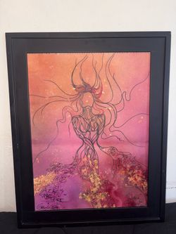 Artistic mermaid painting. Pink yellow and gold.