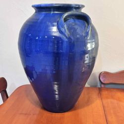 Vintage Blue Glazed Ceramic Floor Vase 20”H Opening 9.5”