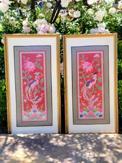 Pair of Chinese Silk Peacock Embroidery Panels with 36"x19" Custom Frame