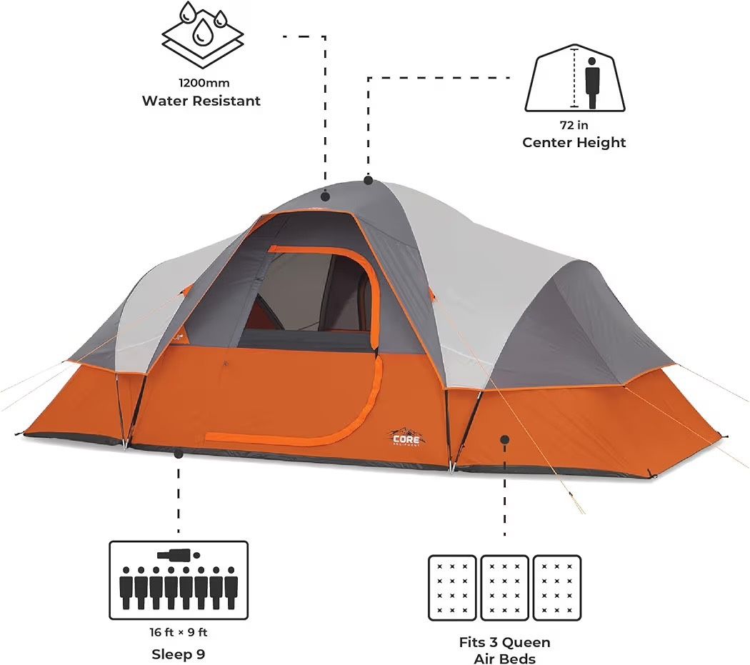 Tent for Family Camping, Hiking and Backpacking | 3 Person / 4 Person / 6 Person / 9 Person Person Dome Camp Tents green 